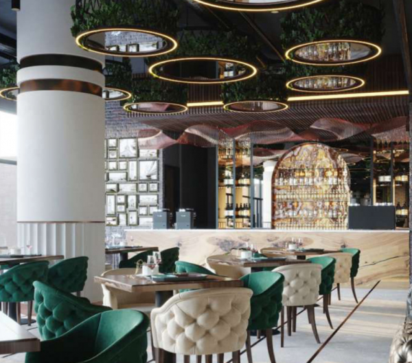 Desain cafe dengan lampu gantung kristal dan meja marmer untuk kesan mewah